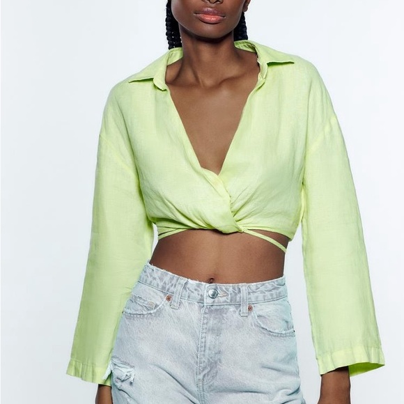 Zara Linen Wrap Shirt- Lime green Size XS - Picture 1 of 9
